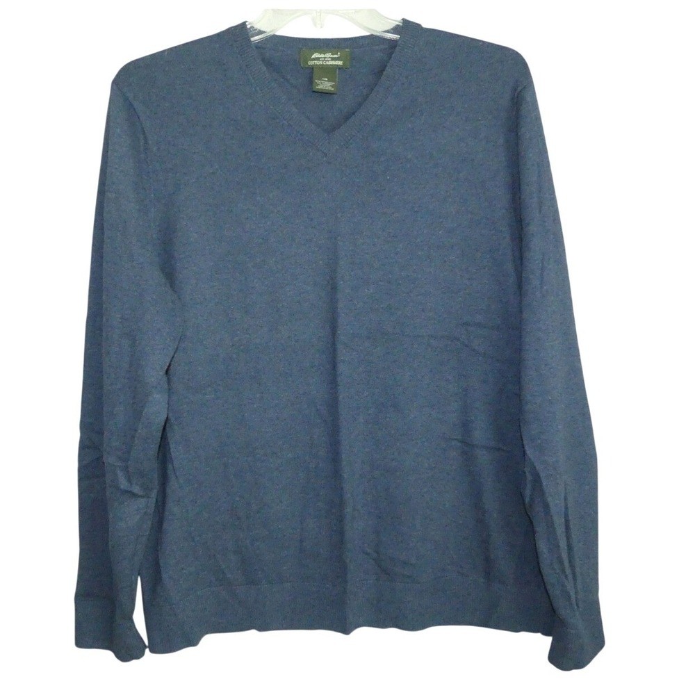 Eddie Bauer Mens Blue Cotton Cashmere V-Neck‎ Sweater Size Large Pullover